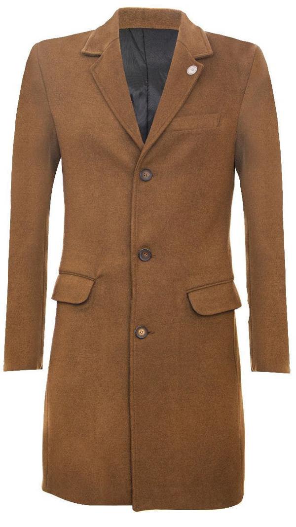TruClothing Men's Long Brown Wool Slim Fit Overcoat