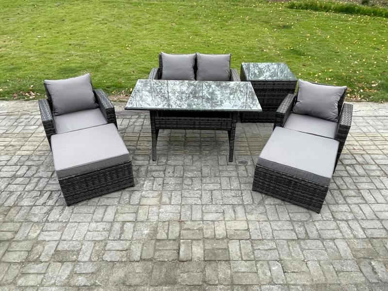 Fimous 6 Seater Outdoor Lounge Sofa Garden Set, Rattan Dining Table, Double Seat Sofa, Armchair, 2 Big Footstools and Side Table, Dark Grey Mixed