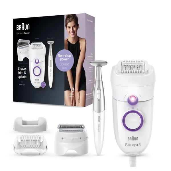 Braun Silk-epil 5-825 Power Epilator, Corded Epilation with Shaver Head & Trimmer Cap, Bikini Styler