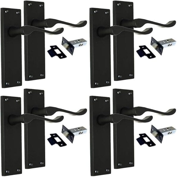 EDH Door Hardware Matt Black Victorian Scroll Door Handles on Backplate – Handle Only or Handle + Tubular Latch – 150mm x 42mm