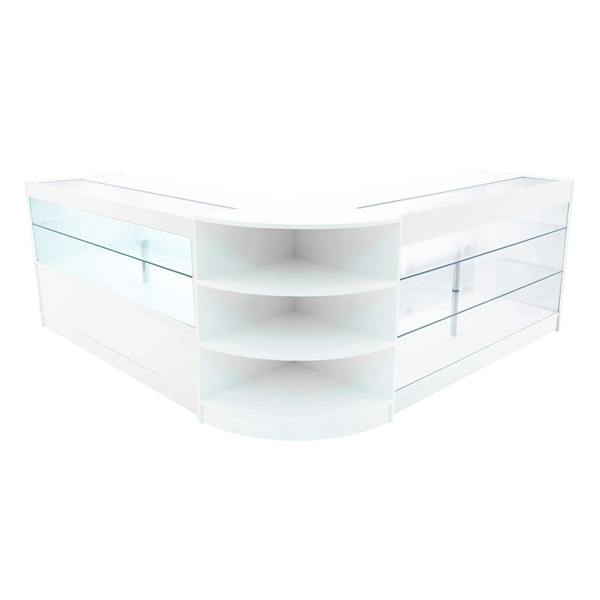 White LED shop counter set featuring a modern design with curved shelves and glass display panels, ideal for retail spaces