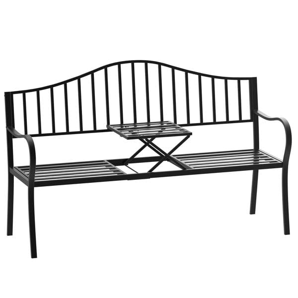 Black metal bench with built-in square table, slatted back and seat