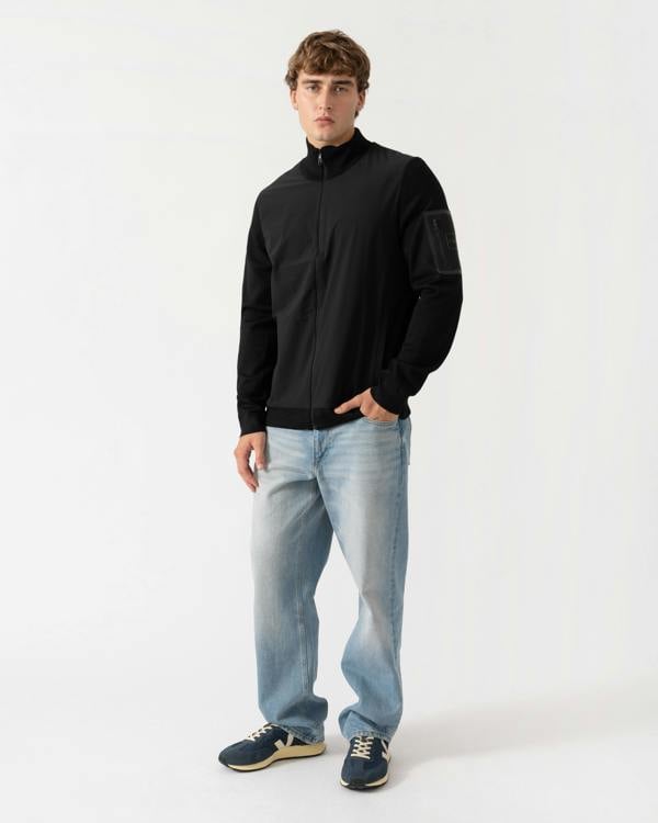 Outfit shot of BOSS Green Momentum-X Mens Hybrid Jacket With Knitted Sleeves - Black 001