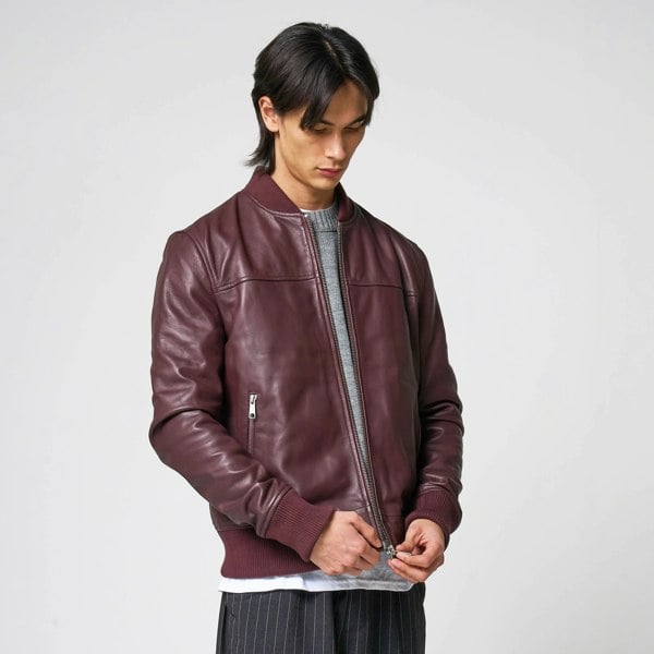 Barneys Originals Men's Burgundy Leather Bomber Jacket