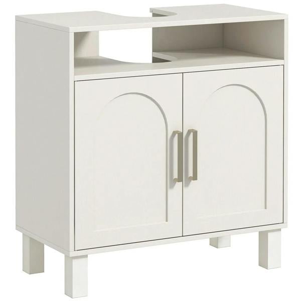 Cream white under-sink cabinet with open shelf, two panel doors, center handle, legs
