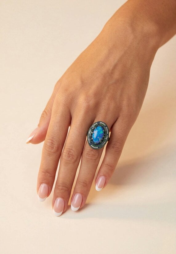 Latelita Serafina Blue Opal Cocktail Ring Silver