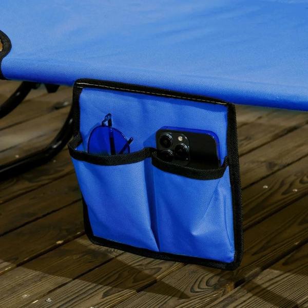 Blue folding sun lounger with built-in side storage pocket