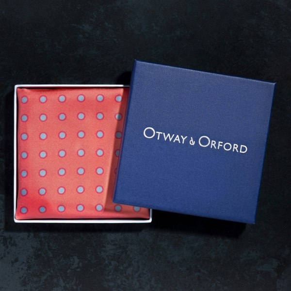 'Luna' polka dot silk pocket square in dusky pink by Otway & Orford in gift box