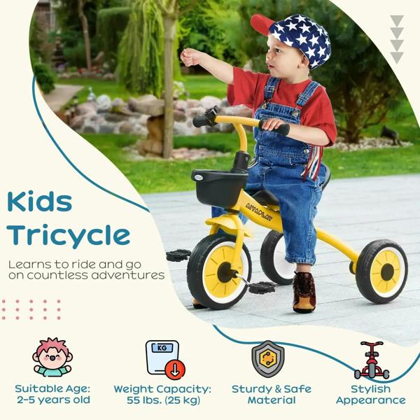 Kids yellow tricycle with black seat and front basket, ridden outdoors by a child