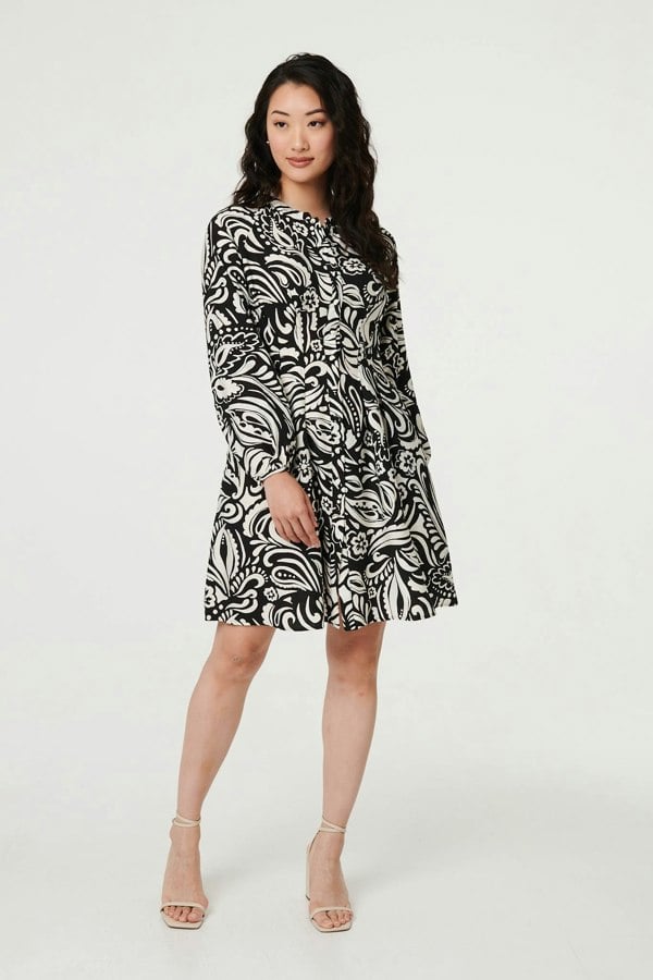 Black | Printed Long Sleeve Knee Length Dress
