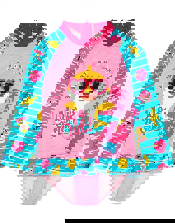 Baby Shark Girls Blue All-Over Print Sleeves & Frill Detail 1 Piece Surf Suit