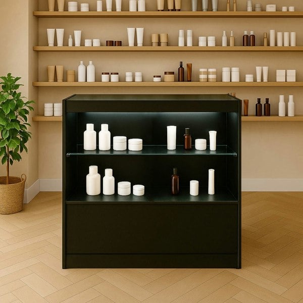 Black LED retail shop counter C900 with glass shelves displaying various white and brown cosmetic bottles in a modern setting