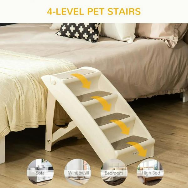 Beige four-step pet stairs with gray treads on floor beside a bed