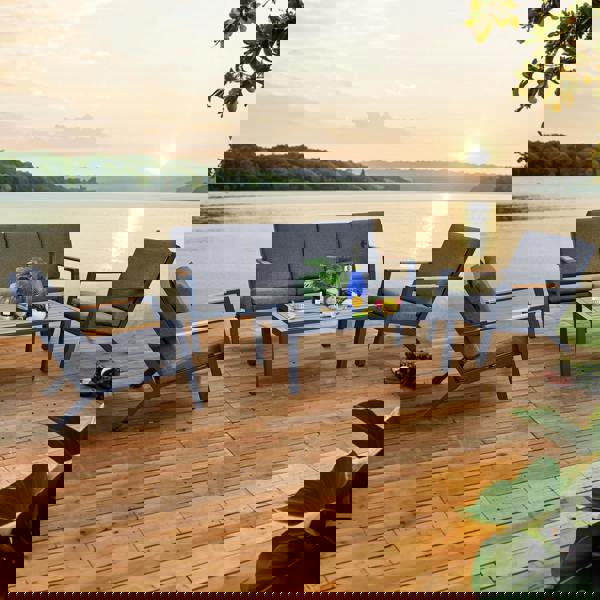 malibu aluminium 5 seat lounge set in grey with olefin cushions & syn teak arms