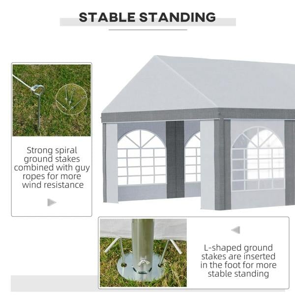 Light grey marquee gazebo with white arched window openings and side wall panels