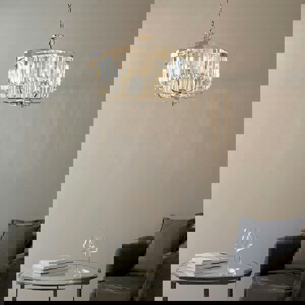 Bright Nickel Ceiling Chandelier Light - Clear Cut Glass 6 Bulb Pendant Fitting