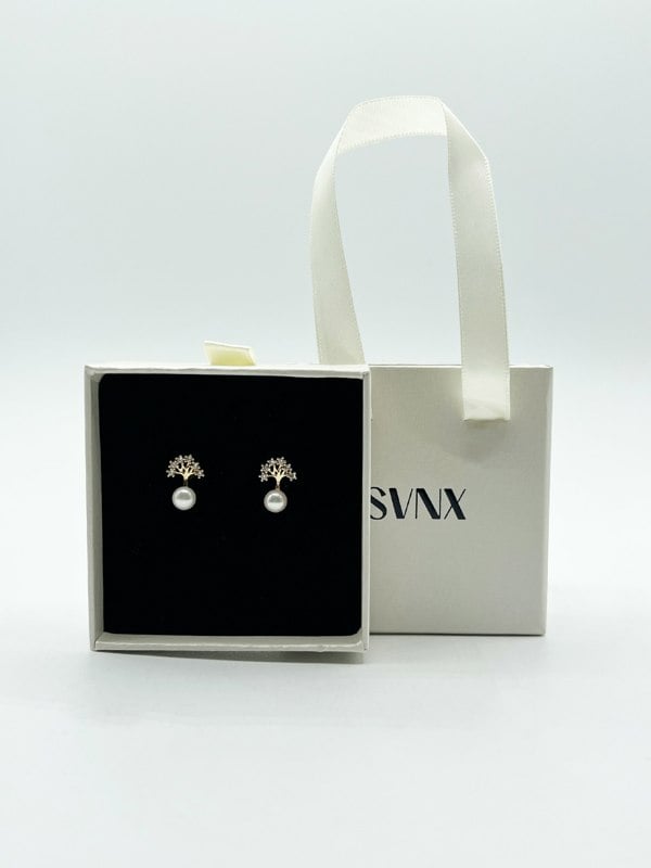 SVNX Pearl Stud Earring with Diamante Tree in Gold Colour