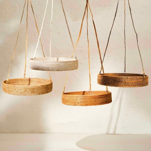 Dark brown single tier rattan hanging plant basket metal insert indoor