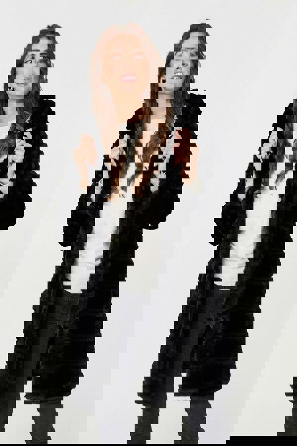 Black | Faux Fur Thigh Length Hooded Jacket
