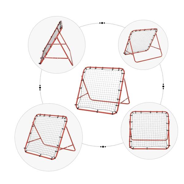 Red rebound kickback goal set with black net shown in multiple folded positions