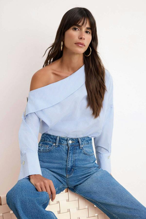 WOVCOR Asymmetric Neck Long Sleeve Woven Blouse - Blue