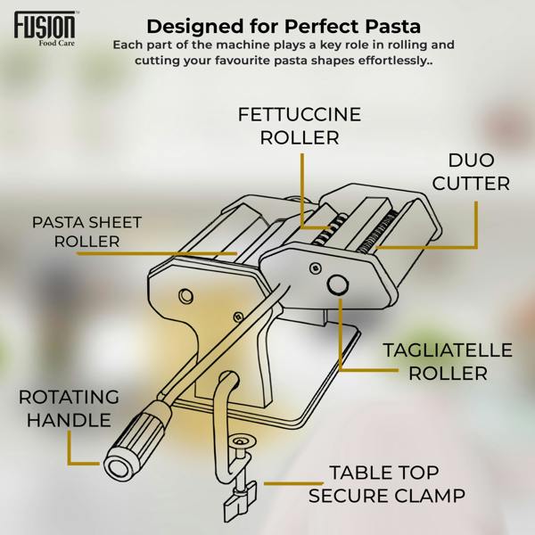 Fusion Food Care Pasta Maker Machine 3-in-1 430 Stainless Steel - for Spaghetti, Tagliatelle, Fettuccine, Lasagne Sheets Adjustable Spaghetti Maker