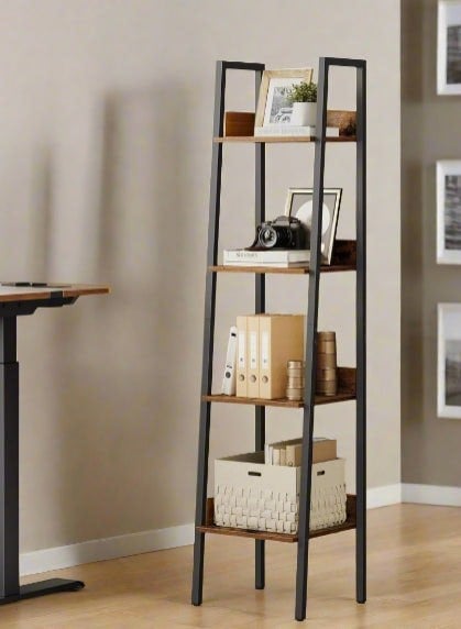 Modcraft Industrial 4-Tier Ladder Shelf, Rustic Brown & Black Bookcase for Living Room or Office