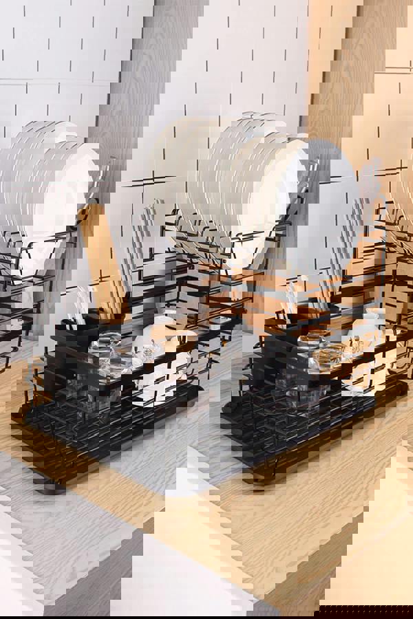 Living and Home Kitchen 2-Tier Metal Dish Drainer Rack Detachable Storage Drip Tray Sink Washing Plates Draining Board - Black