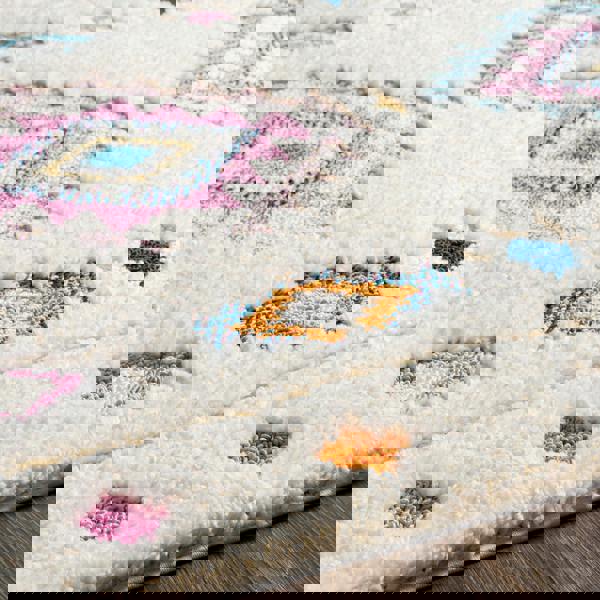 Livabliss Lofty-Shaggy Ivory Pink Blue Vintage Boho Plush Soft Pile Fringe Rug