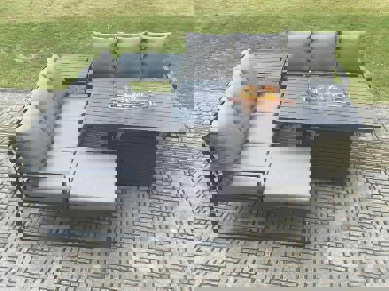 Fimous Aluminium 7 Seater Outdoor Garden Furniture Lounge Sofa Set Gas Fire Pit Dining Table with Big Footstool Side Table Dark Grey