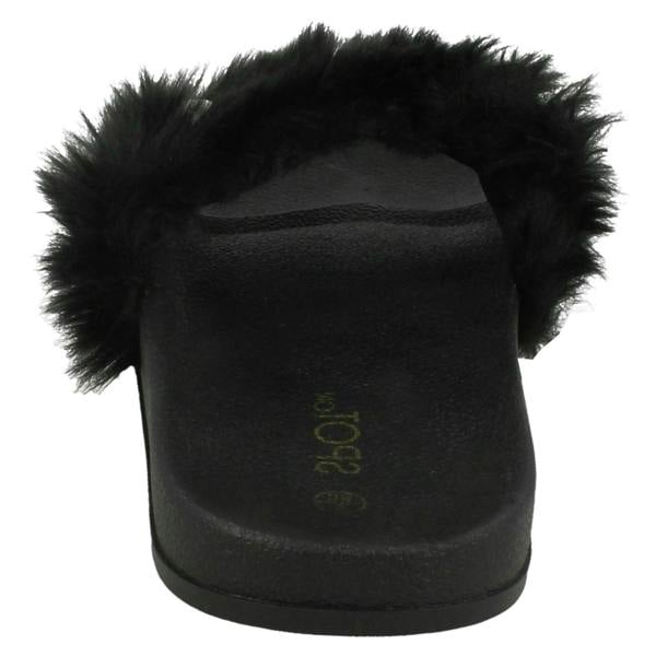 Spot On Ladies Spot On Pearl Trim Faux Fur Slider Style Sandals