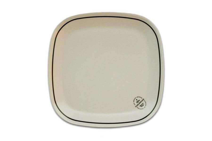 Image of the small plate, from the Signature Melamine Set by OLPRO. Classic looking camping set in white with an elegant logo and line around the edge.