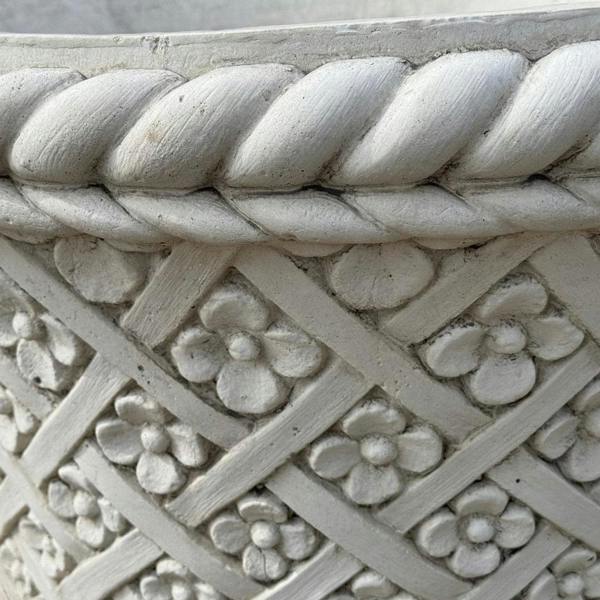 PDA Large Round White Stone Cast Wicker/Flower Design Planter Pot