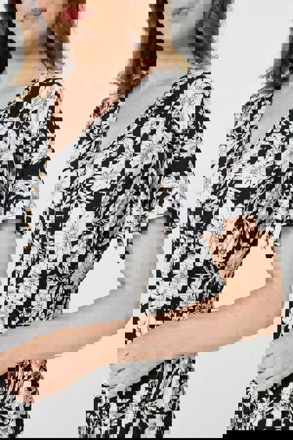 Black | Floral Shirred Knee Length Dress