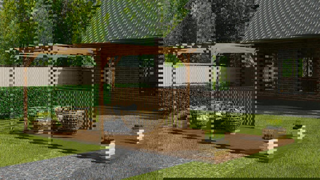 Rectangular pergola and decking kit with balustrade, made from pressure treated timber and high quality pergola posts, featuring a raised wooden deck, vertical slatted balustrade, and an open pergola roof frame.