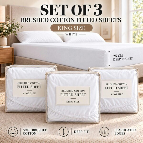 Smart Living 3 Pack Brushed Cotton Fitted Sheets – White - King (150cm x 200cm) + 25cm Deep