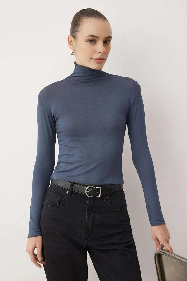 WOVCOR Transparent Stand Collar Flexible Regular Knit Blouse