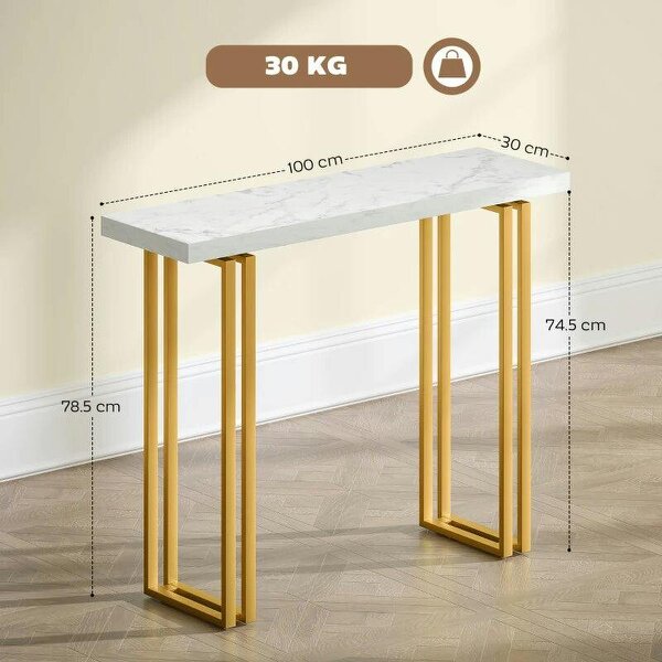 100 cm Console Table with Faux Marble Top, Narrow Entryway Table with Anti-tipping Device, White