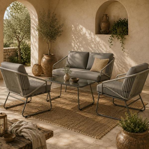 Wyld Haus Yoma Grey Rattan String 4 Seater Outdoor Sofa Set