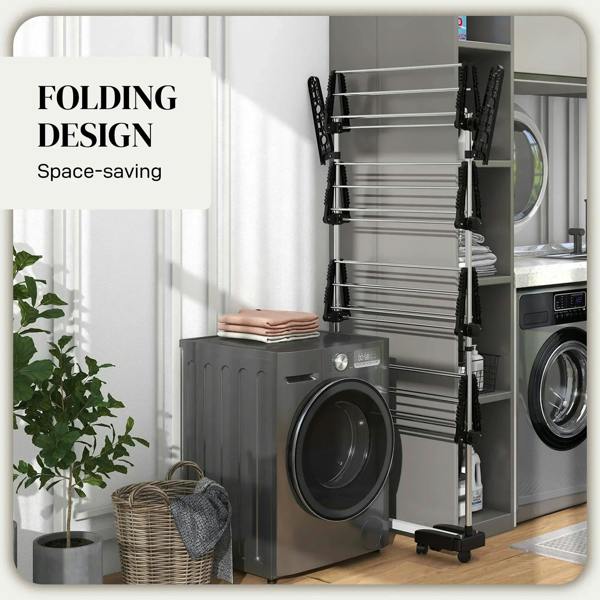 Black folding clothes drying rack with stacked bars for compact storage