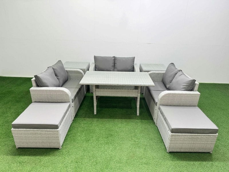 Fimous  8 Seater PE Wicker Rattan Furniture Sofa Sets with Rectangular Dining Table 2 Seater Love Sofa 2 Big Footstool 2 Side Table Light Grey