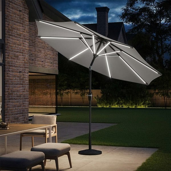 Light Grey 3M Lighted Market Sunbrella Umbrella with Solar Strip LED Lights Parasols Living and Home