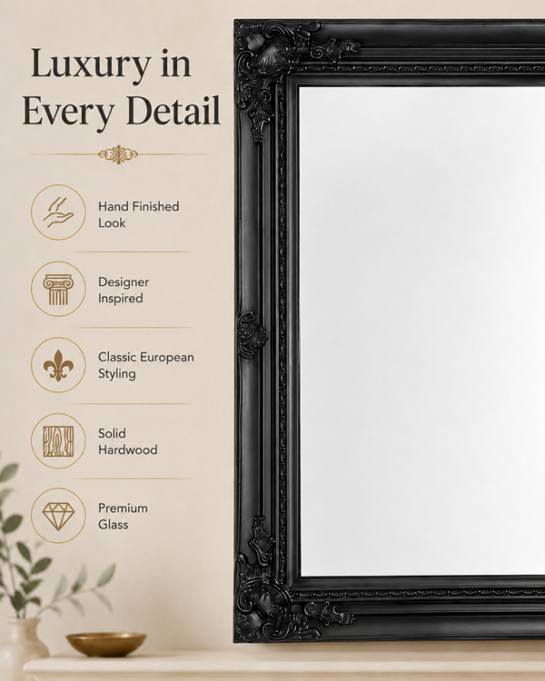 Downton Interiors Antique Style Extra Large Black Wood Frame Wall Mirror 106cm x 75cm
