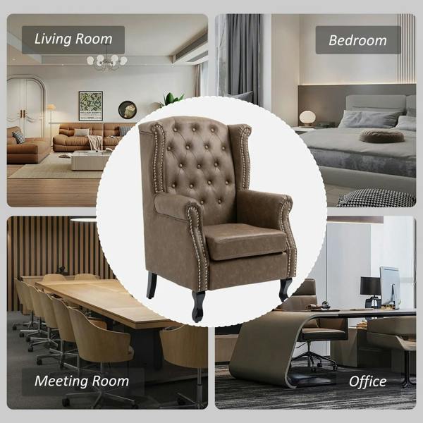 Brown wingback accent chair with tufted back, nailhead trim, and rolled armrests