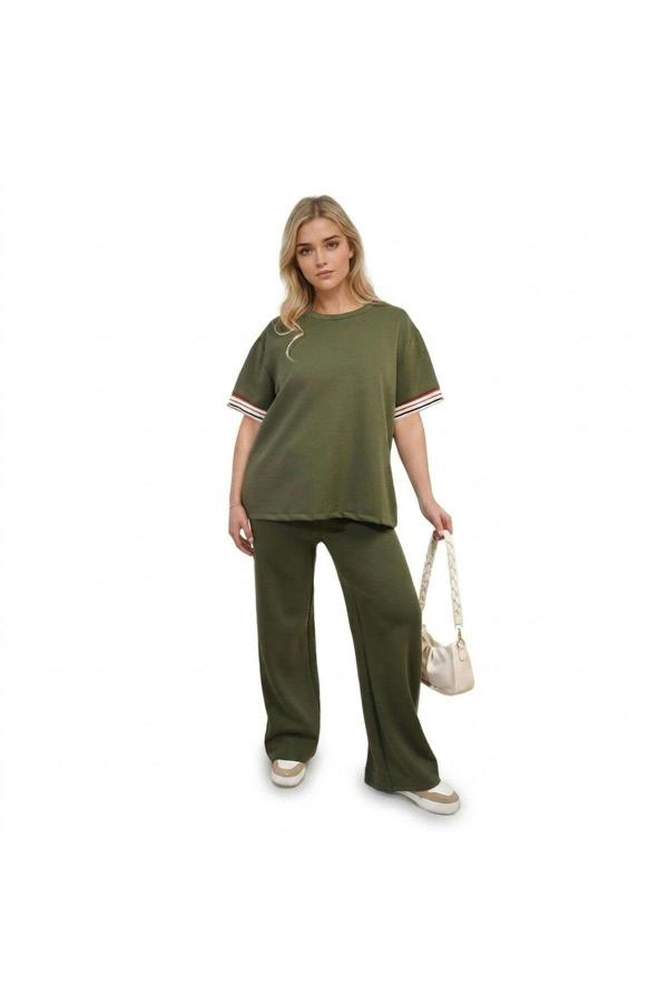 Jennifer Contrast Stripe Top And Wide Leg Trouser Co-ord Set - Khaki_wb