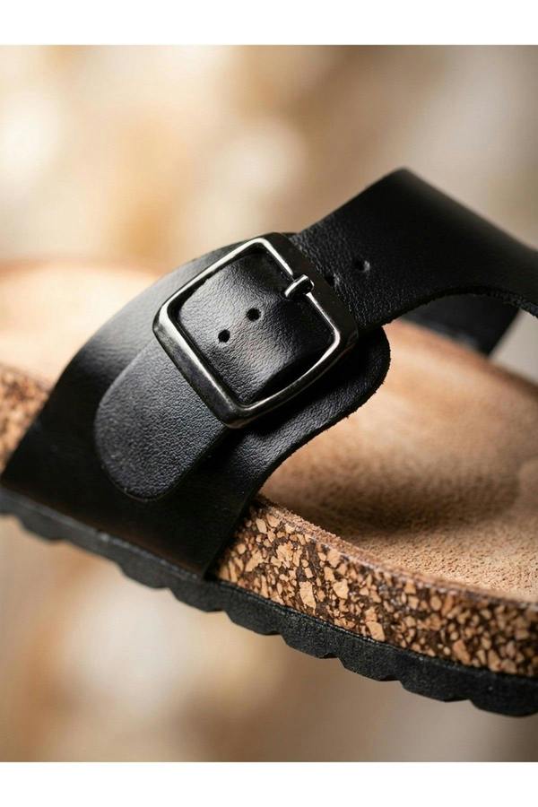 Jules Cork Base Buckle Sandal - Black