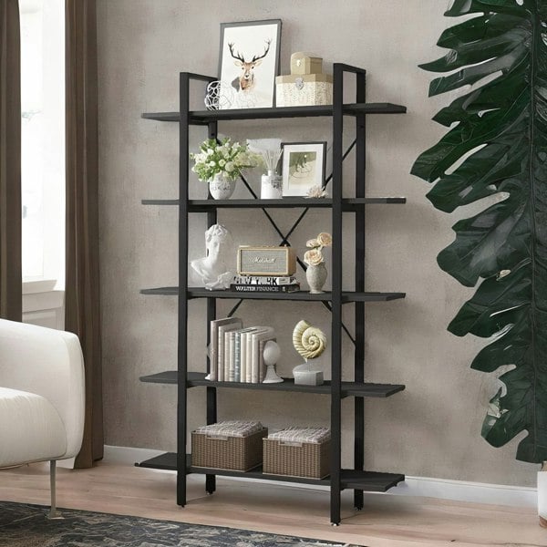 Rafaelo Mobilia Industrial 5 Tier Black Bookcase