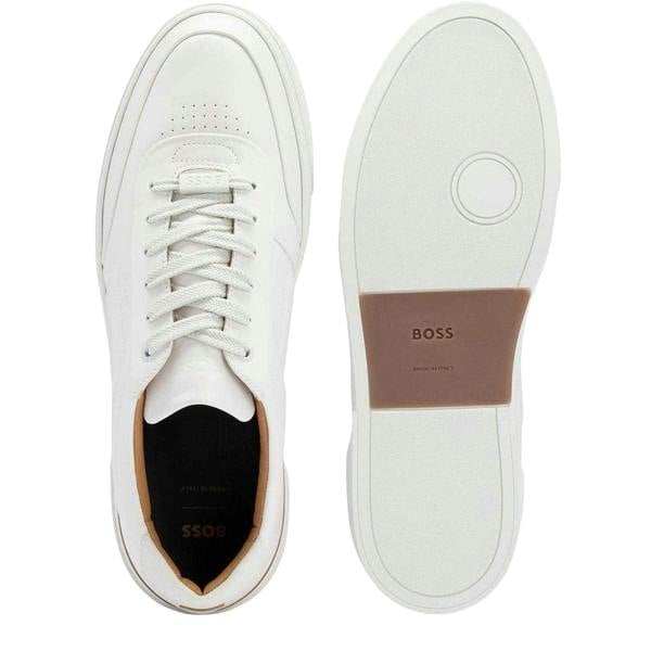 Boss Mens Gary Leather Flat Trainers - White - 