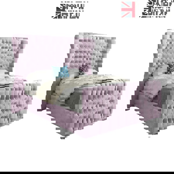 Casa Magna Parma Wide Curved Winged Upholstered Soft Velvet Bed Frame - Pink