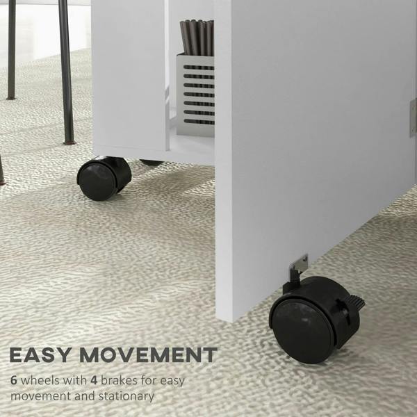 White dining table with black caster wheels and side-mounted brakes for easy rolling